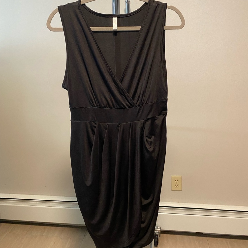 Sleeveless Black Faux-Wrap Midi Dress